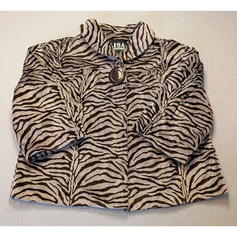 Lisa International Womens Blazer Sz L Zebra Animal Print 3/4‎ Sleeve Brown/Black